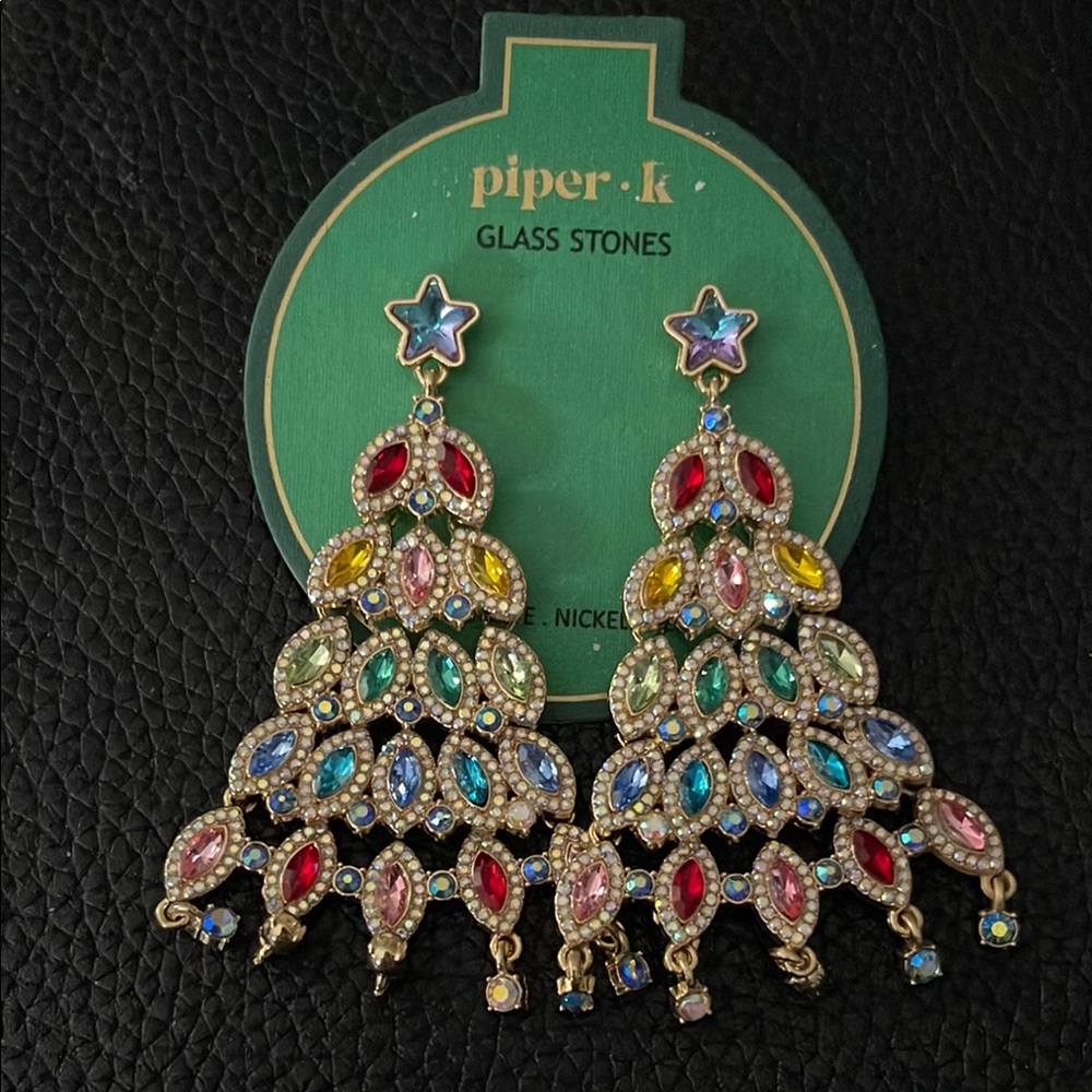 Piper K Multi Colored Glass Stone Xmas Tree Chandelier Earrings